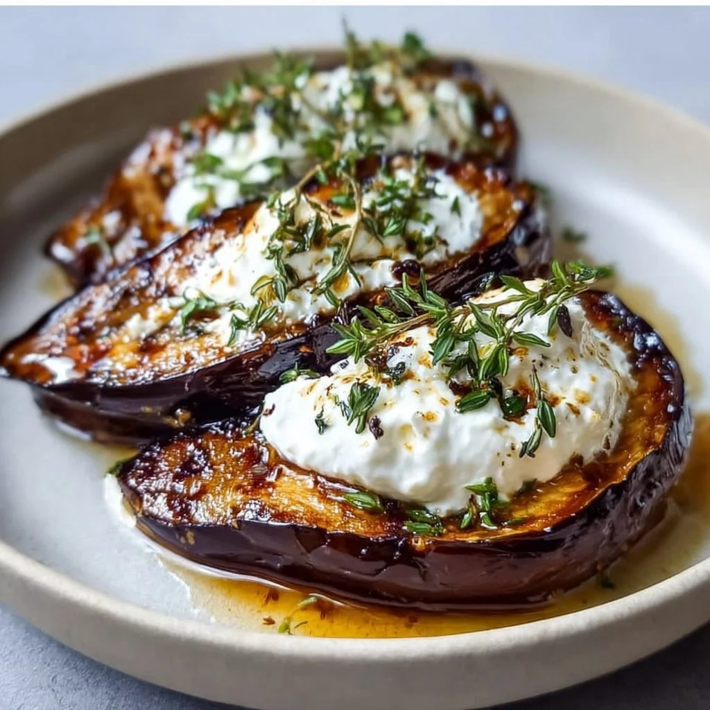 Aubergine Confite au Four, Miel et Thym, Crème de Feta Fouettée