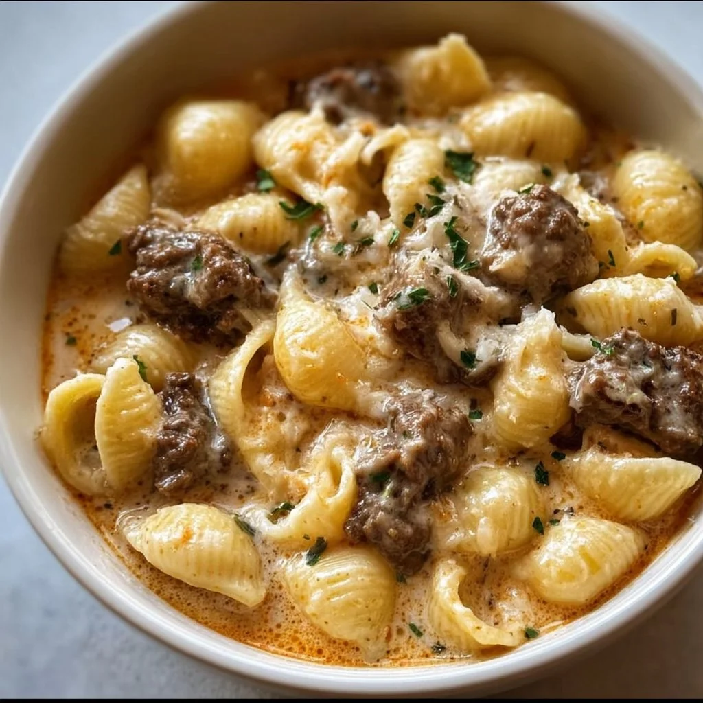 Bœuf crémeux aux coquilles, un plat délicieux et réconfortant.