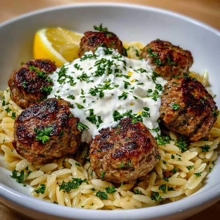 Boulettes méditerranéennes avec orzo citronné et crème de feta sur une assiette