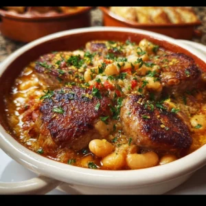 Cassoulet Traditionnel dans un plat, un symbole de la cuisine française.