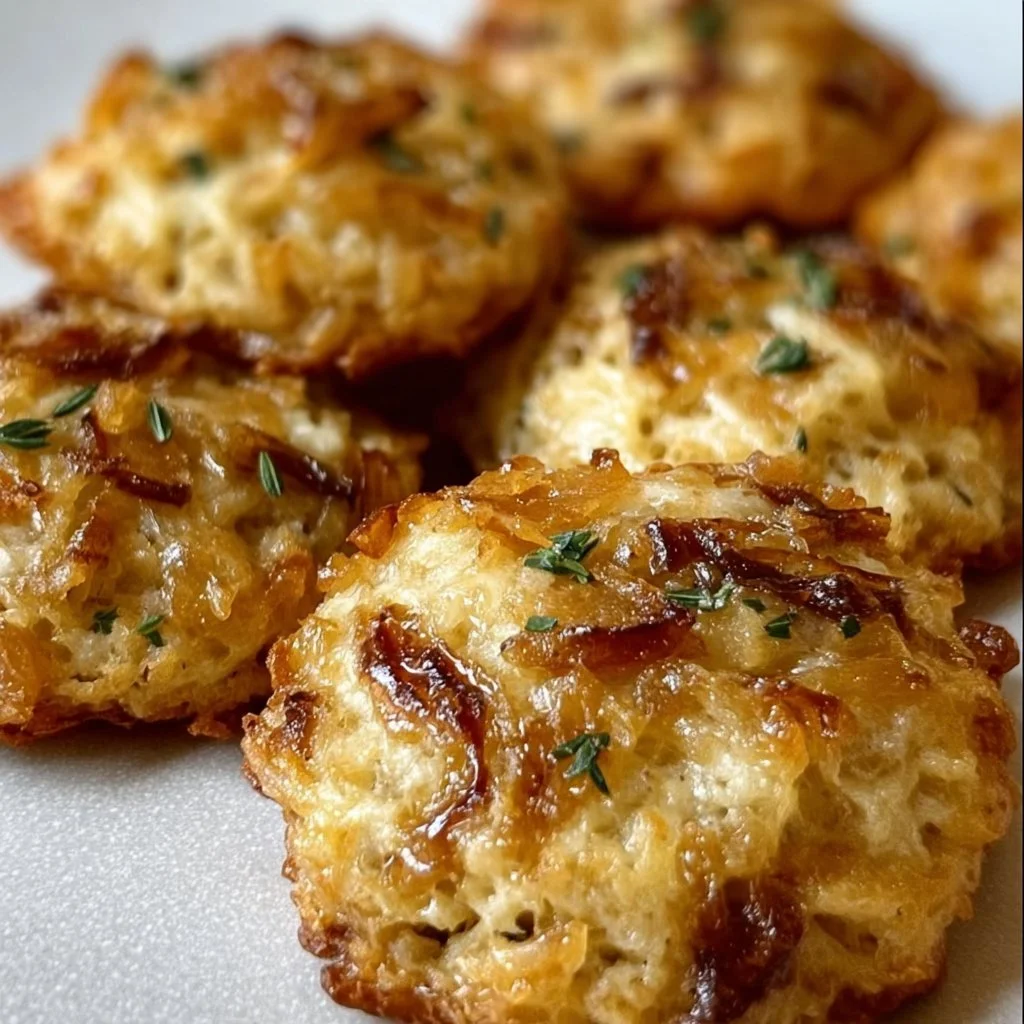 Cookies salés moelleux aux oignons caramélisés et comté sur une assiette