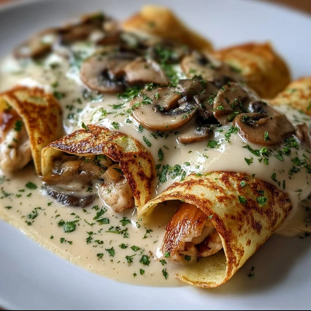 Crêpes roulées poulet et champignons avec sauce béchamel
