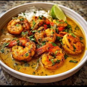 Plat de crevettes au curry doux, savoureux et parfumé.