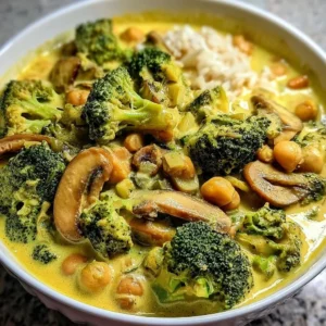 Curry de brocoli, pois chiches et champignons au lait de coco dans un bol