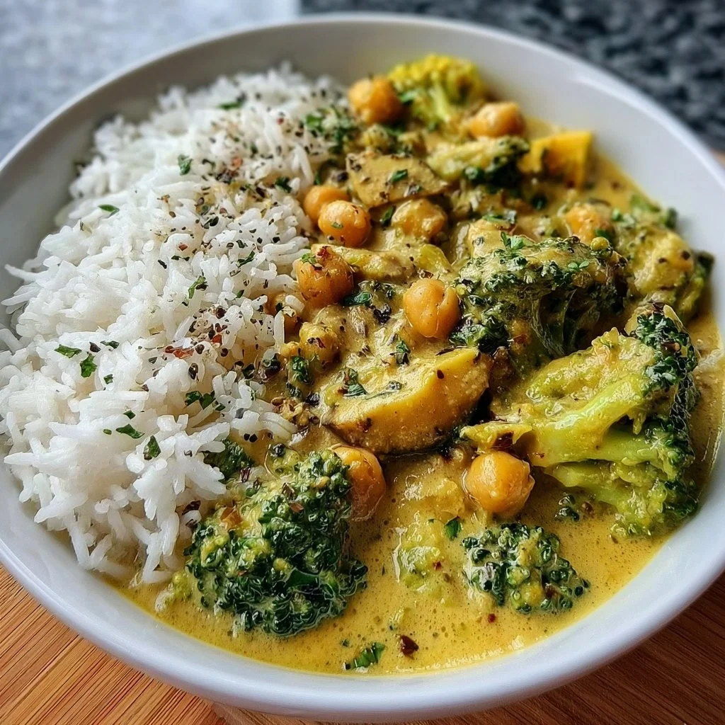 Curry de brocoli, pois chiches et champignons au lait de coco