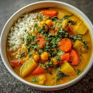 Un plat de Curry de Légumes coloré et épicé servi avec du riz basmati.