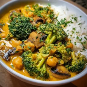 Curry végétarien au brocoli, pois chiches et champignons dans un bol.