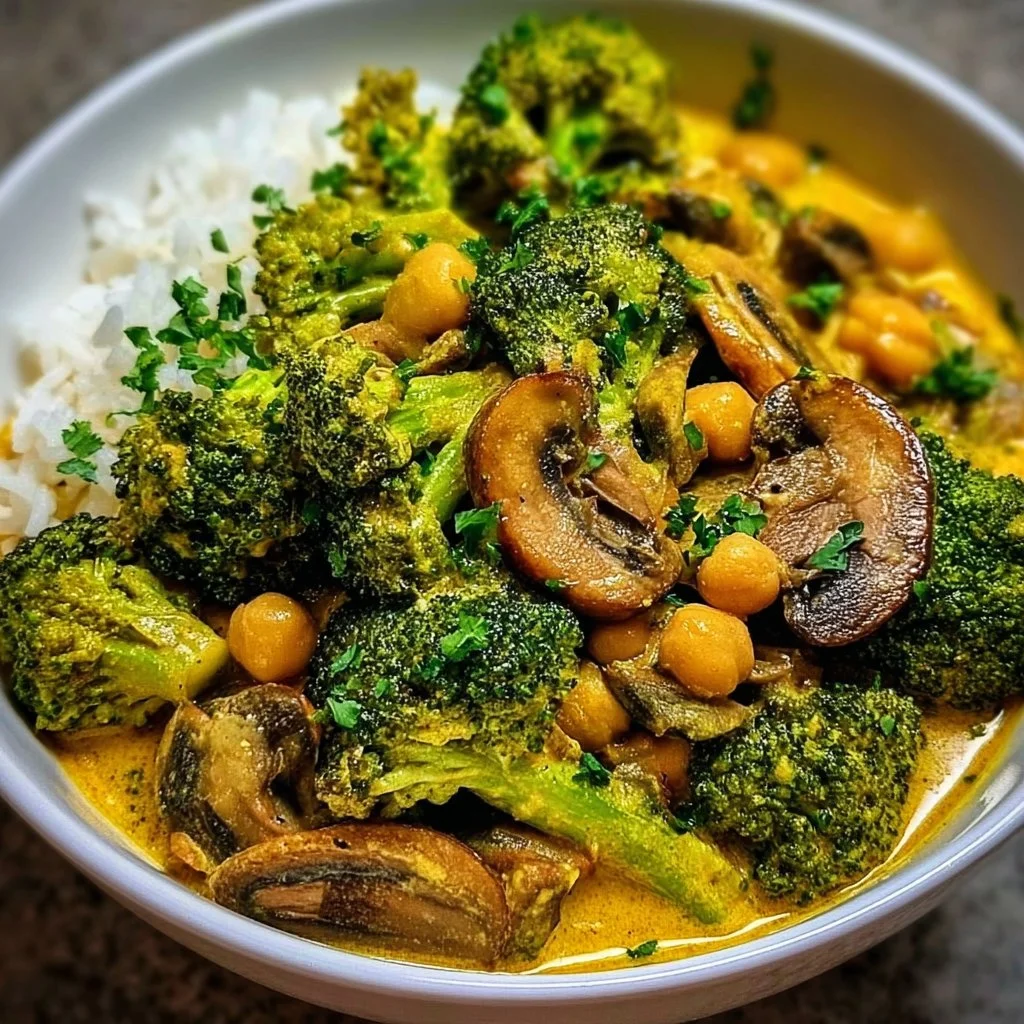 Curry Végétarien au Brocoli, Pois Chiches et Champignons
