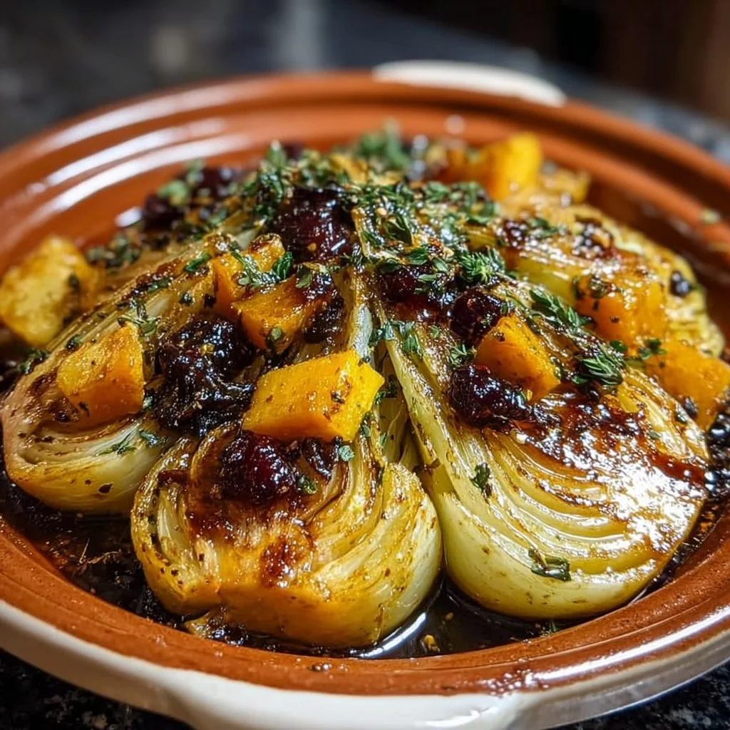 Fenouil rôti au miel et balsamique sur une assiette élégante
