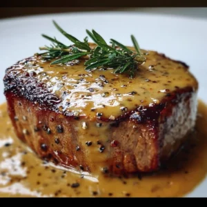 Filet mignon servi avec sauce miel et moutarde sur une assiette élégante