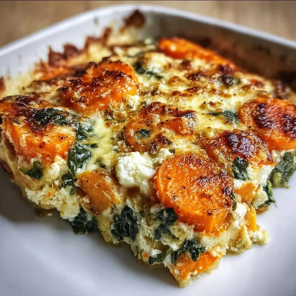Gratin de patates douces coloré avec épinards et feta, plat savoureux