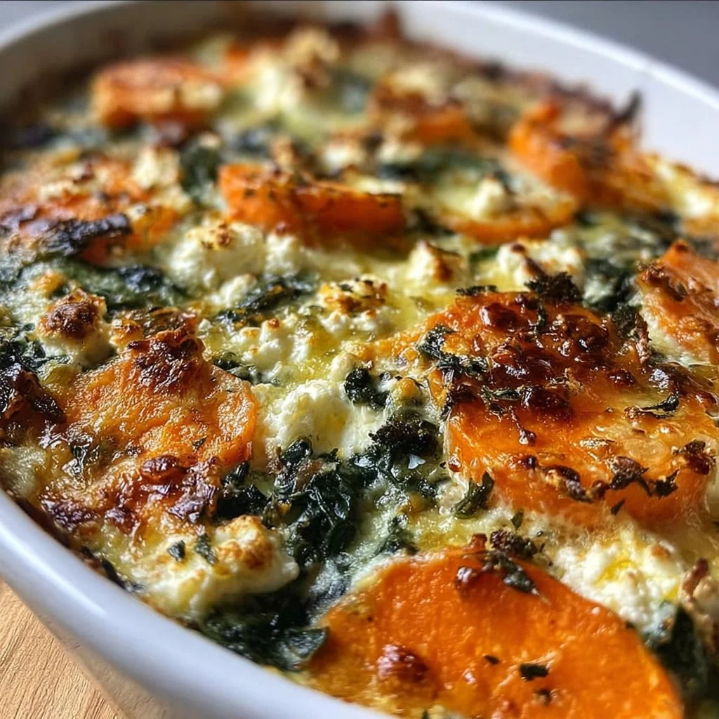 Gratin Coloré de Patates Douces, Épinards & Feta