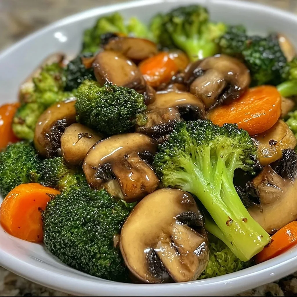 Sauté de brocoli, carotte et champignons fraîchement préparé