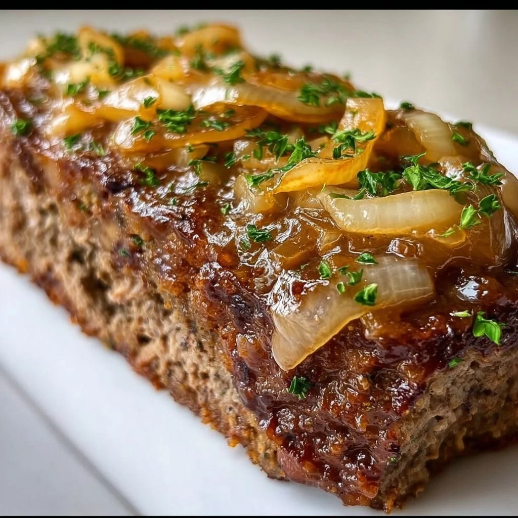 Pain de viande à l'oignon français, plat traditionnel et savoureux.