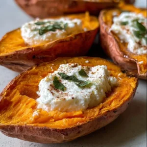 Patates douces au fromage de chèvre, recette savoureuse et crémeuse.