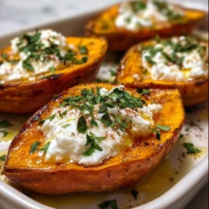 Patates douces garnies de fromage de chèvre et de miel, savoureuses et réconfortantes.