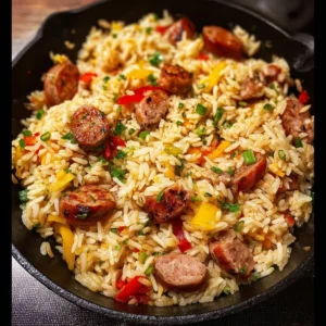 Poêlée de riz saucisses prête à déguster, plat savoureux et réconfortant.