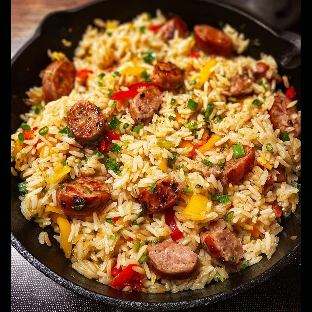 Poêlée de riz saucisses prête à déguster, plat savoureux et réconfortant.