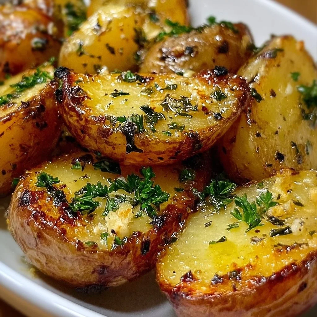 Pommes de terre rôties à l'ail et au beurre servies dans un plat rustique