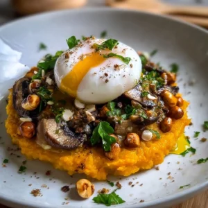 Purée de butternut avec champignons, noisettes grillées et œuf poché