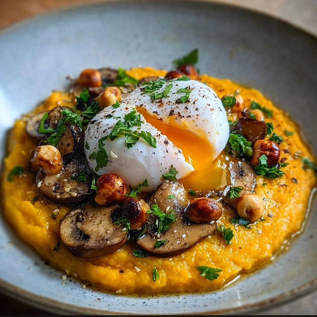 Purée de butternut, champignons, noisettes grillées et œuf poché