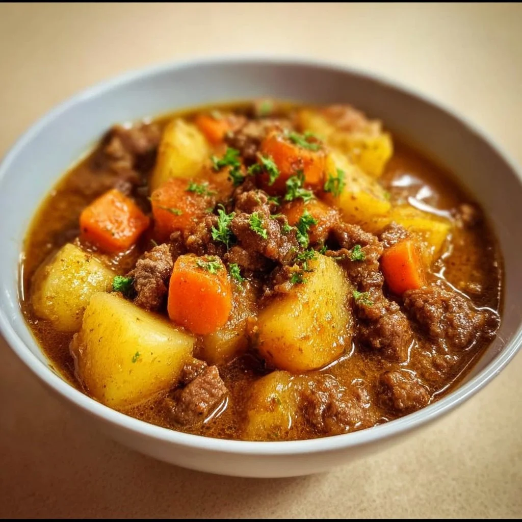 Ragoût de bœuf du pauvre avec pommes de terre et carottes dans un plat savoureux