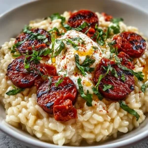Risotto crémeux au chorizo grillé et à la burrata, plat savoureux et réconfortant.
