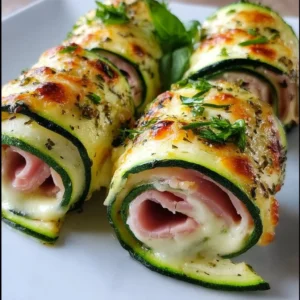 Roulés de courgettes au jambon présentés sur une assiette colorée