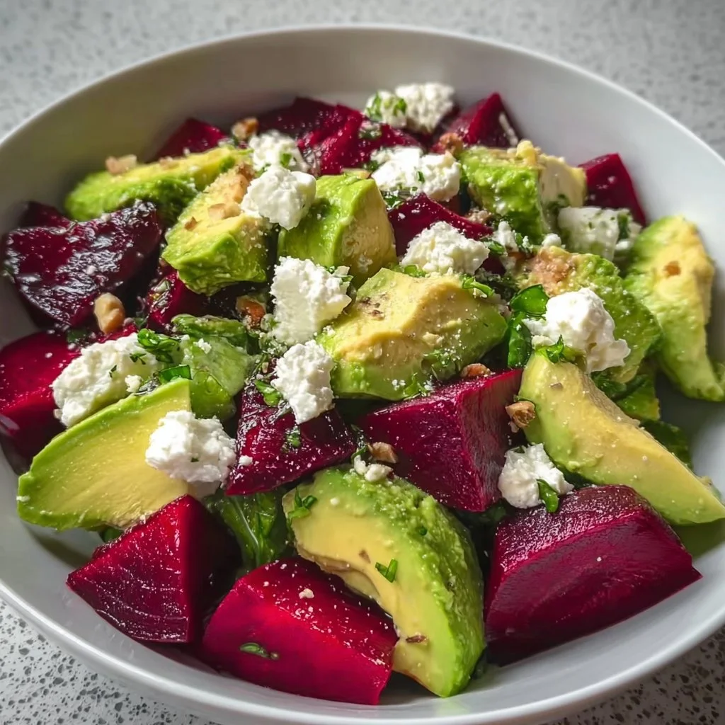 Salade de betteraves avec avocat et feta, un plat frais et savoureux.