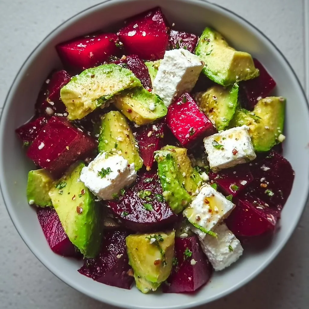 Salade de betteraves, avocat et feta, un plat coloré et nutritif.