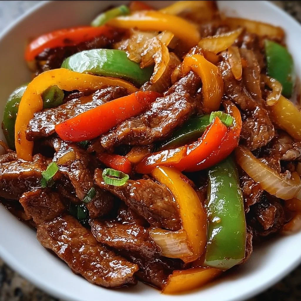 Recette de Sauté de Bœuf aux Poivrons et Oignons, plat savoureux et coloré.