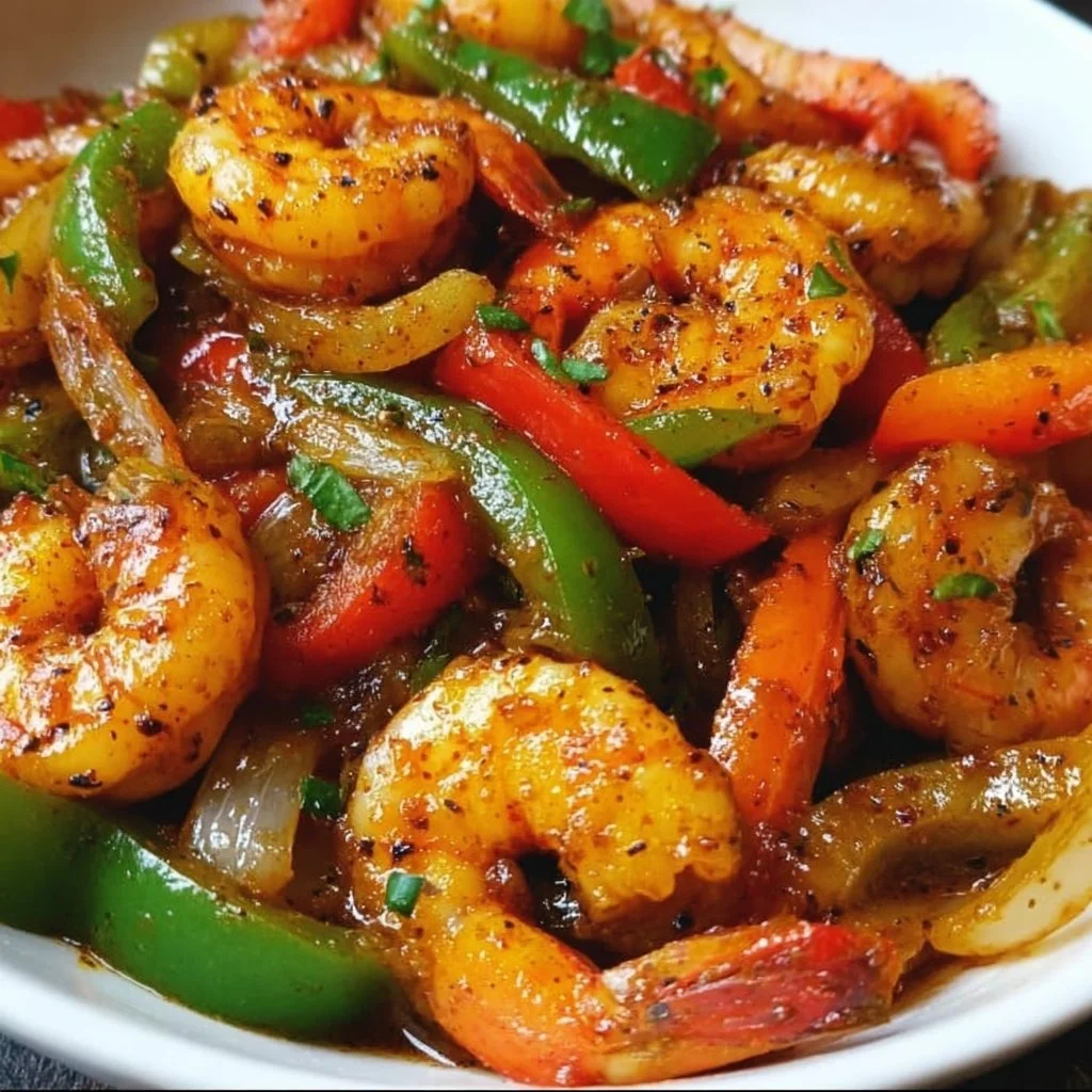 Sauté de crevettes et poivrons coloré, plat rapide et savoureux pour un repas équilibré.