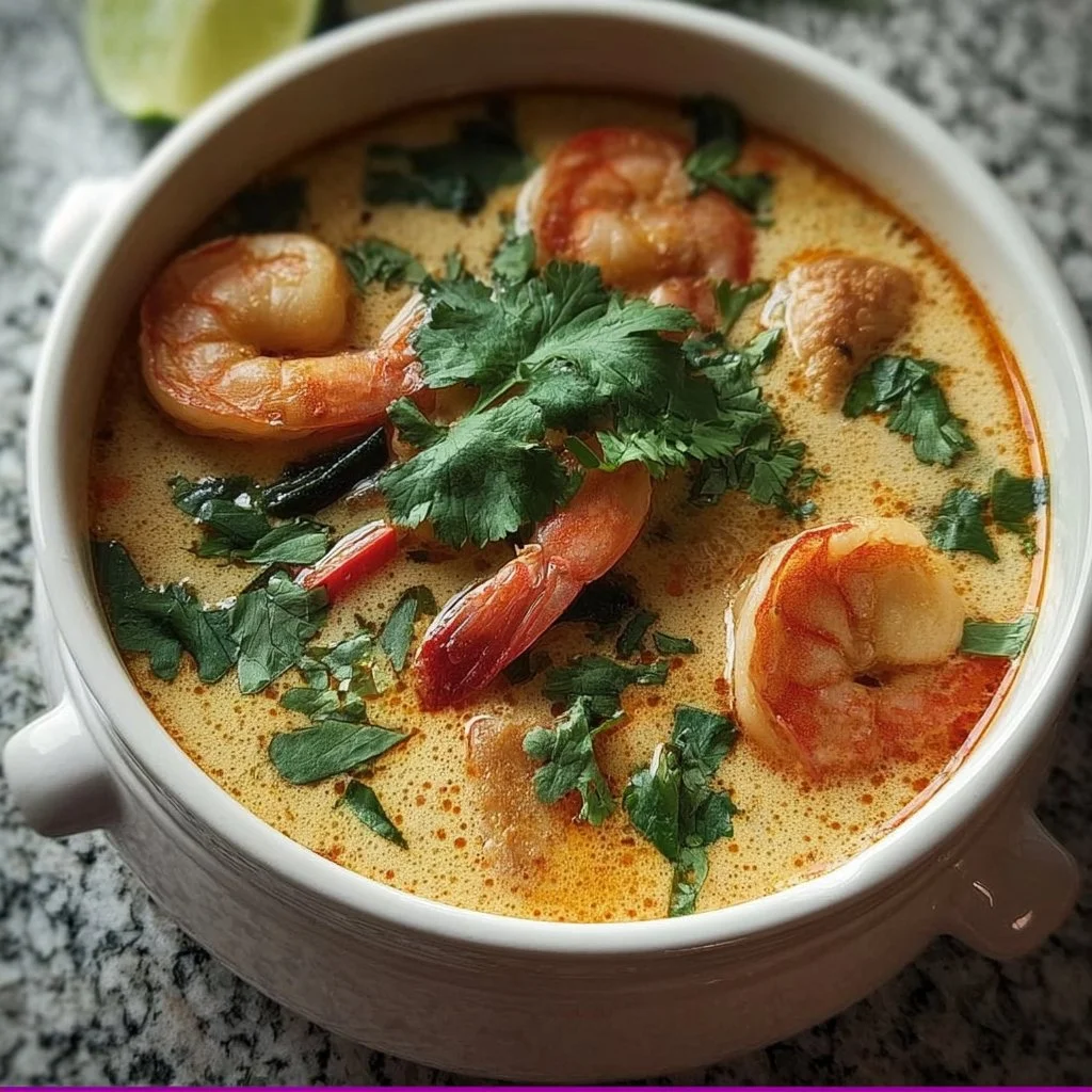 Soupe thaïe de crevettes au lait de coco garnie d'herbes fraîches