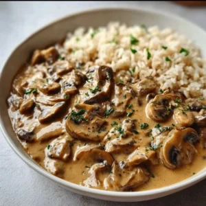 Stroganoff de Champignons servi avec du riz complet dans une assiette élégante.