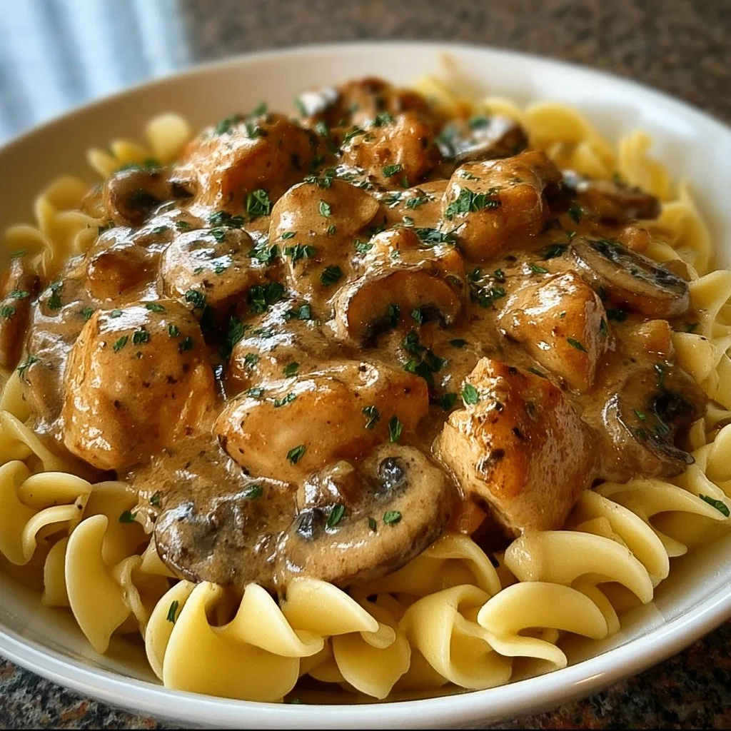 Plat de Stroganoff de poulet aux champignons servi dans un bol