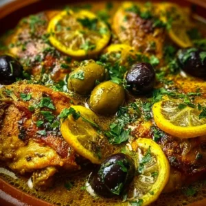 Tagine de poulet aux citrons confits et olives sur une table traditionnelle