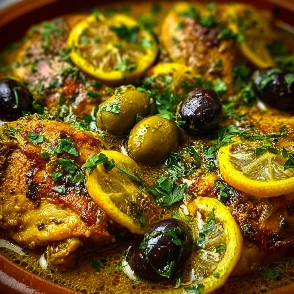 Tagine de poulet aux citrons confits et olives sur une table traditionnelle
