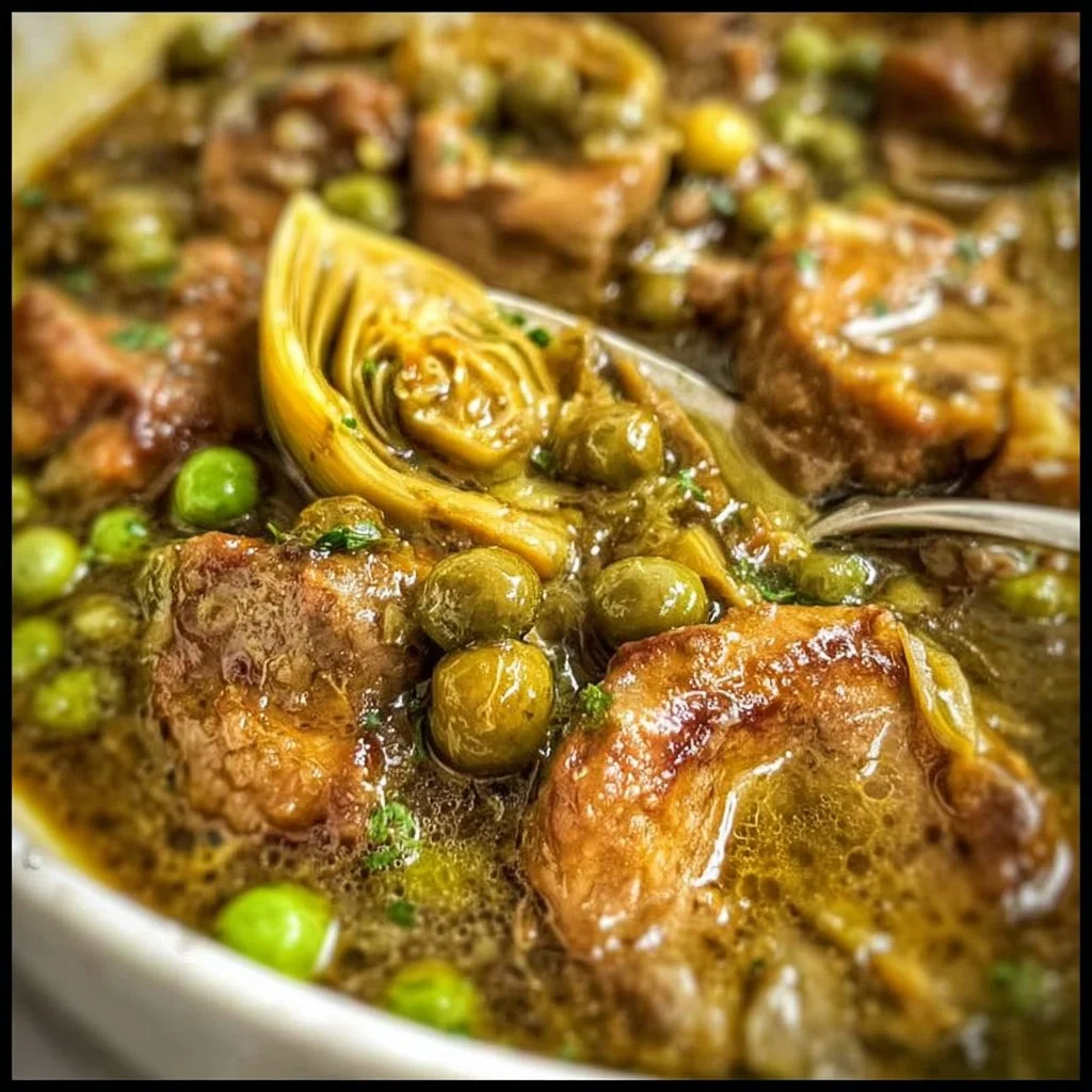 Tajine de veau aux artichauts et petits pois garnished with spices