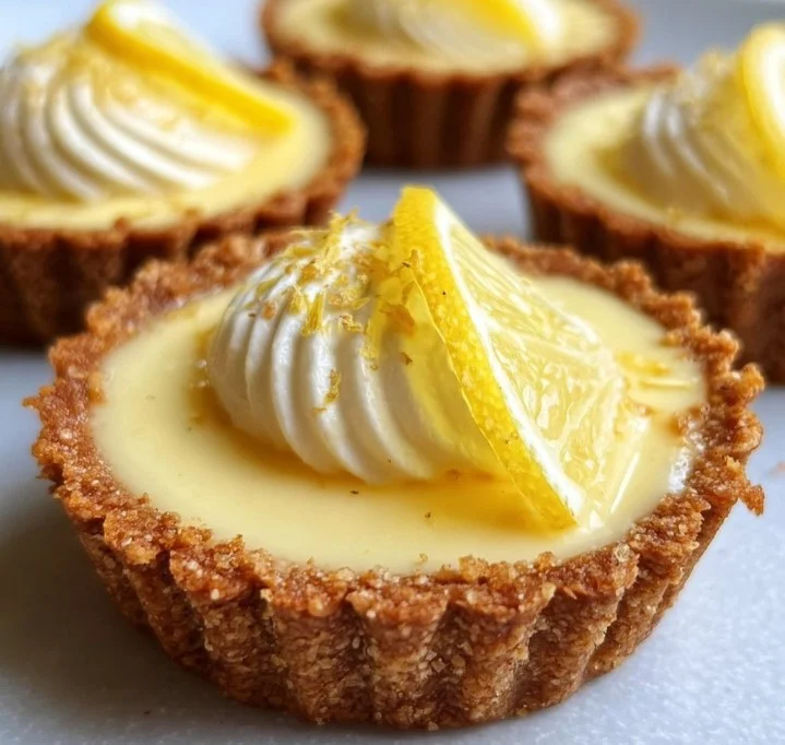 Tartelettes au citron sur croûte de spéculoos, un dessert savoureux et crémeux.