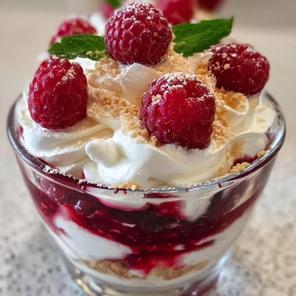 Verrines de framboise mascarpone meringue délicatement présentées.