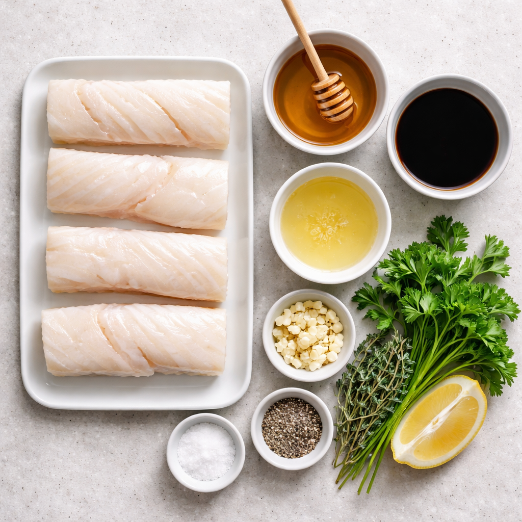 Cabillaud mariné au miel cuit au four ingredients photo