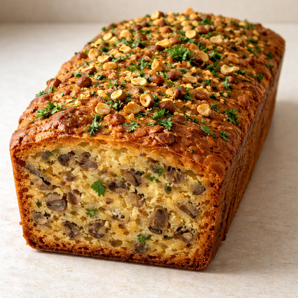 Cake salé aux champignons, Comté, noisettes et persil featured photo