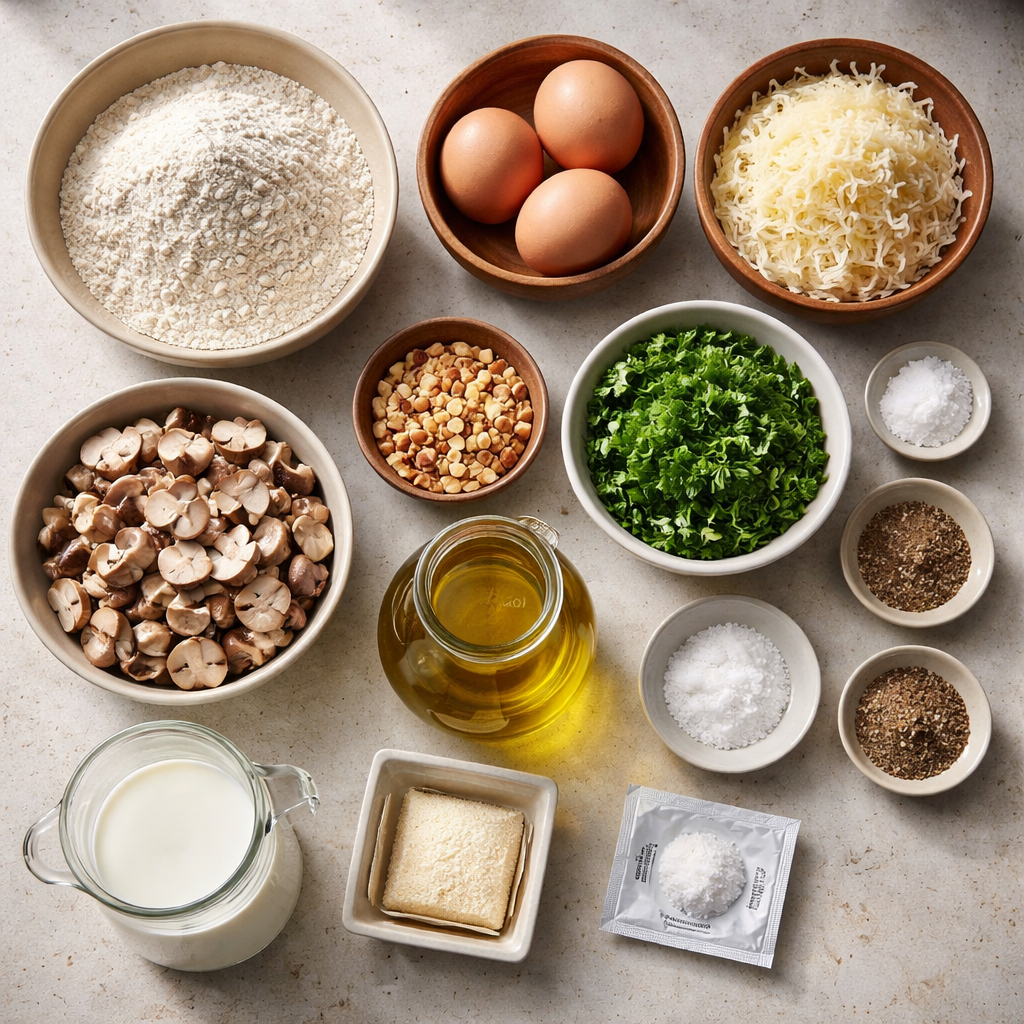 Cake salé aux champignons, Comté, noisettes et persil ingredients photo
