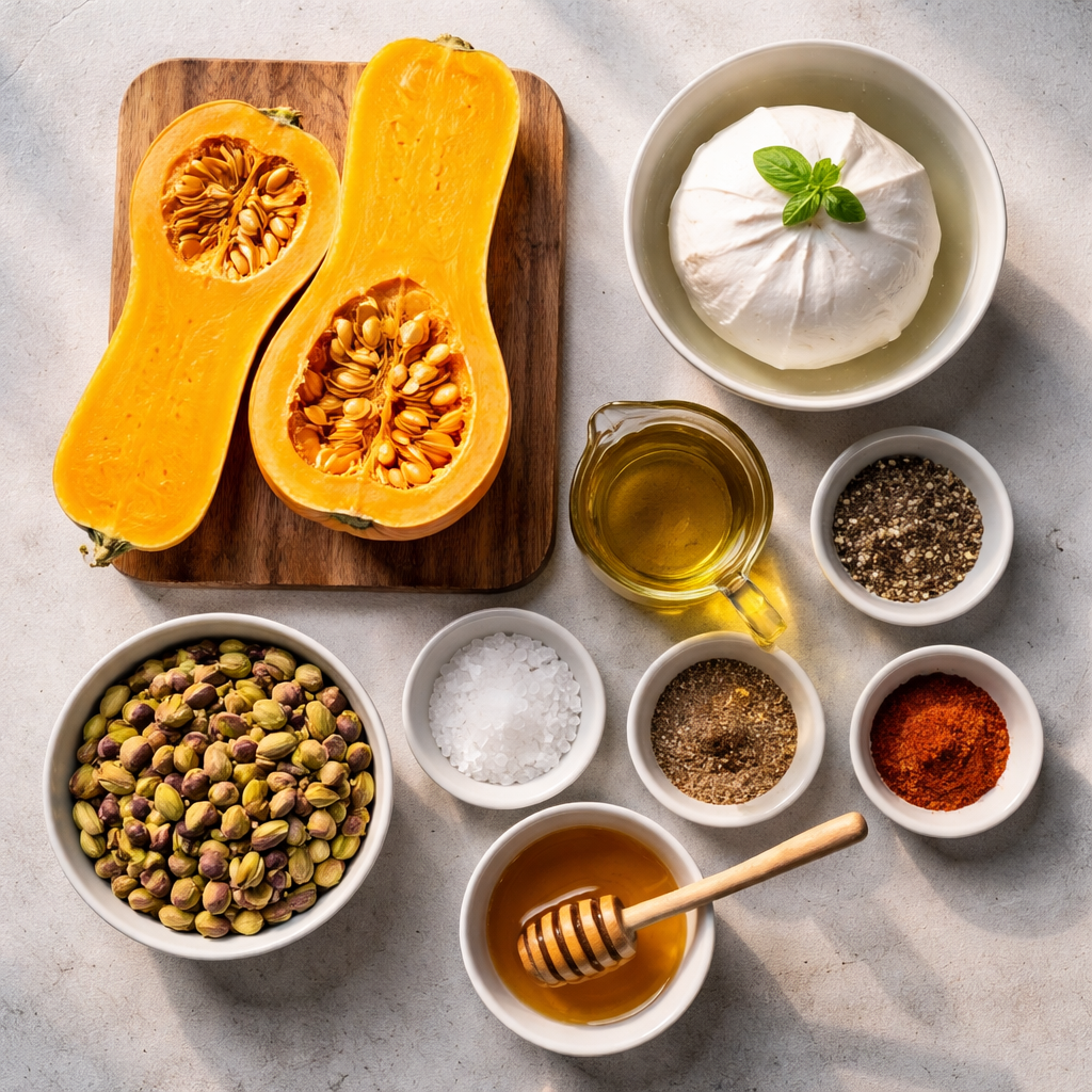 Butternut rôti avec burrata et pistaches ingredients photo