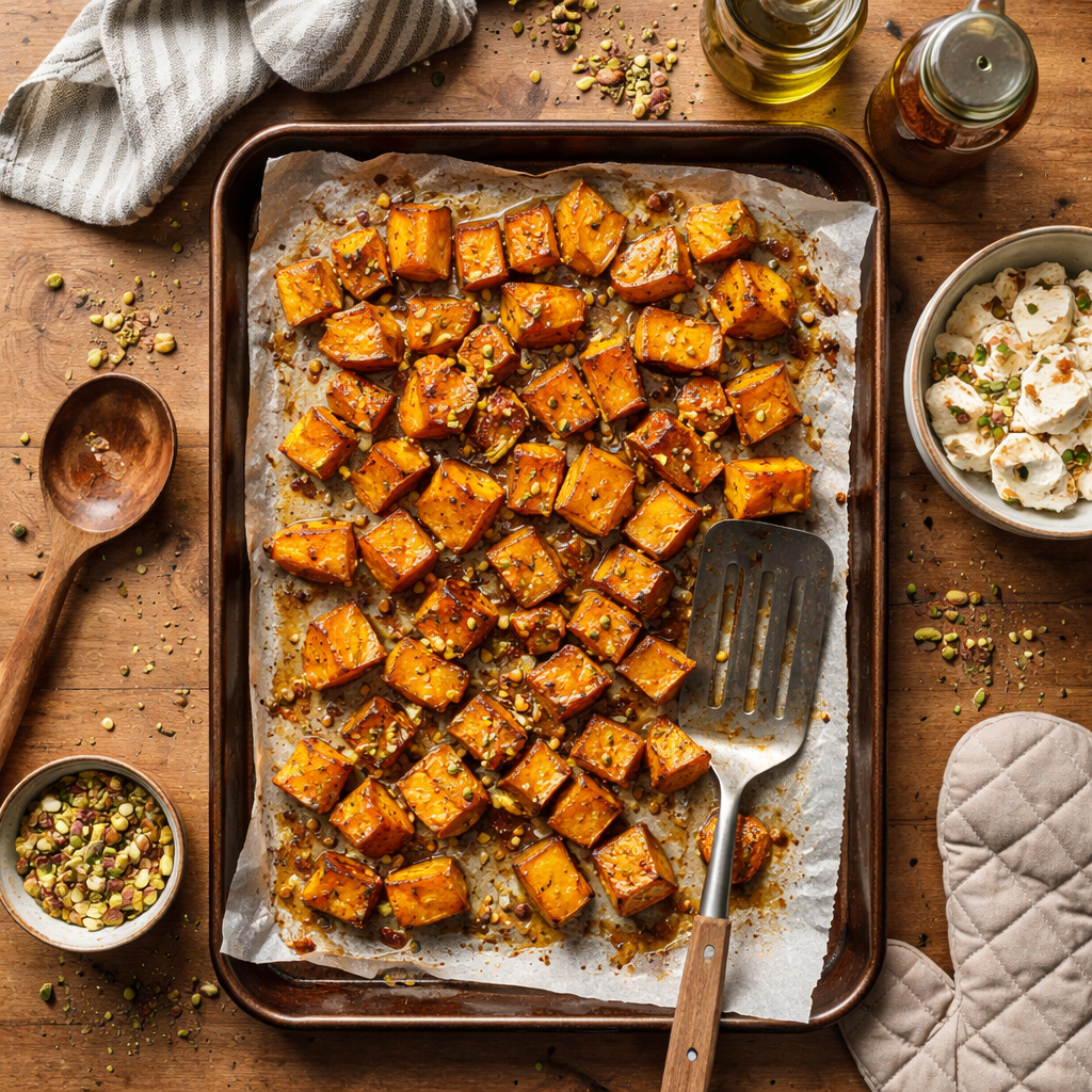 Butternut rôti avec burrata et pistaches preparation photo