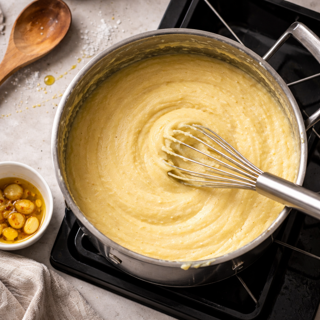 Polenta crémeuse à l’ail et parmesan preparation photo
