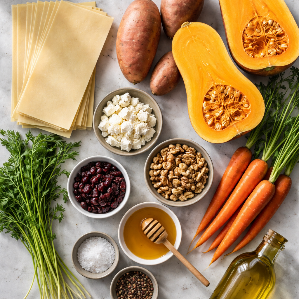 Vegetable lasagne with sweet potatoes, butternut squash, and carrots ingredients photo