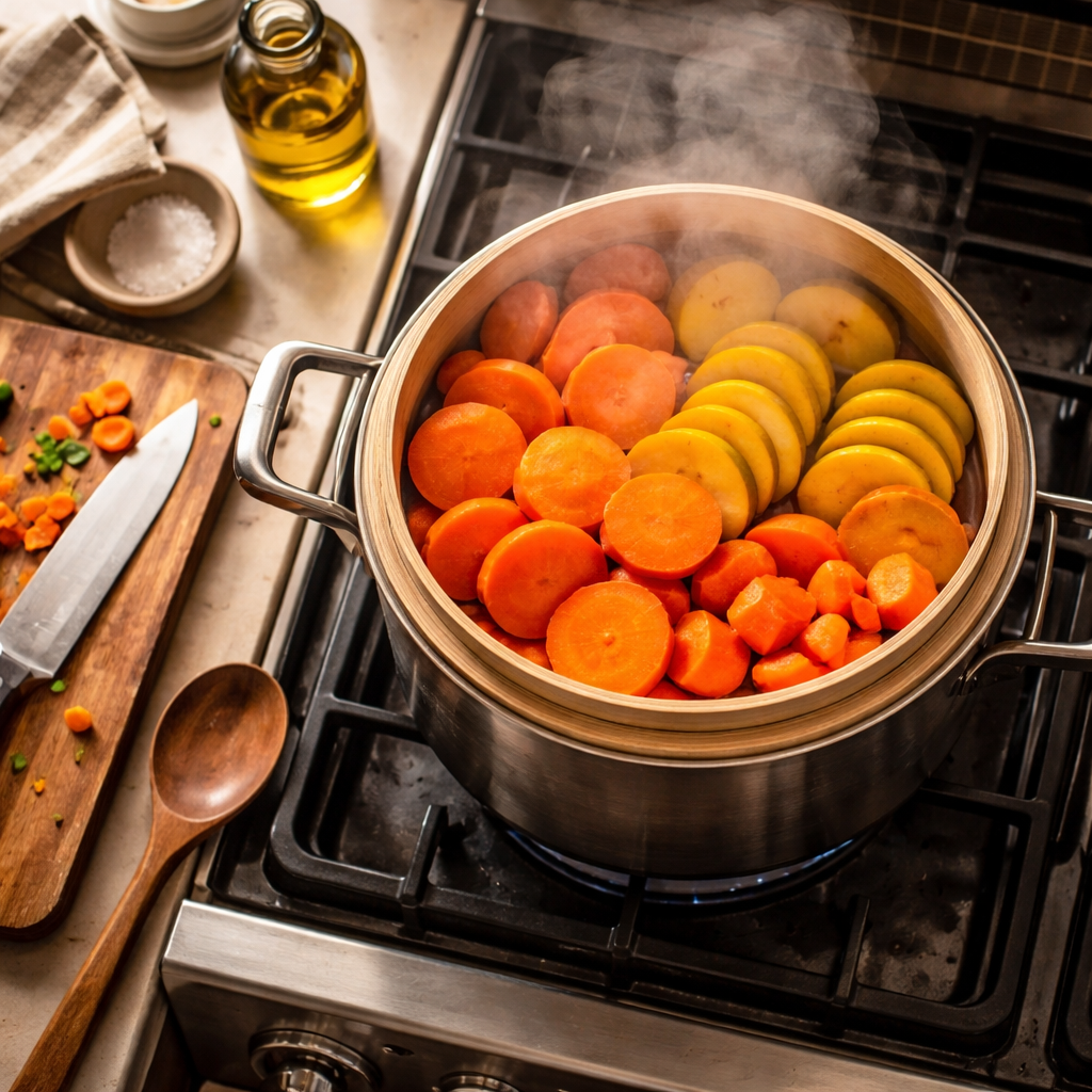 Vegetable lasagne with sweet potatoes, butternut squash, and carrots preparation photo