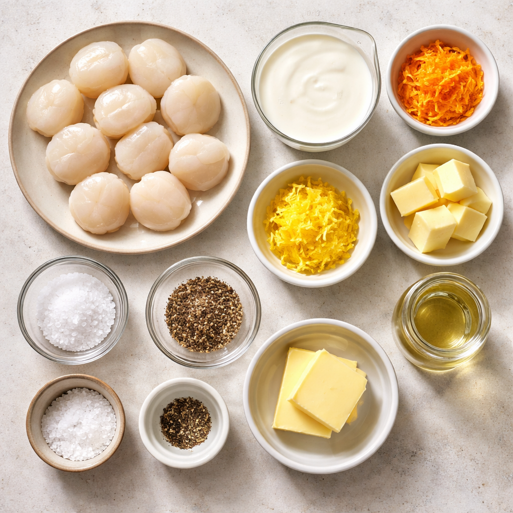 Noix de Saint-Jacques dorées avec une sauce crémeuse aux agrumes ingredients photo