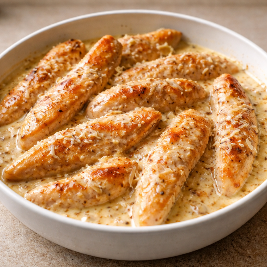 Aiguillettes de poulet à la crème de parmesan : recette simple et savoureuse